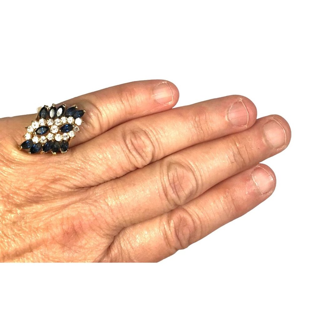 Gold Tone Cocktail Ring Dark Blue Marquise and Clear Round Crystal Cluster Sz 6